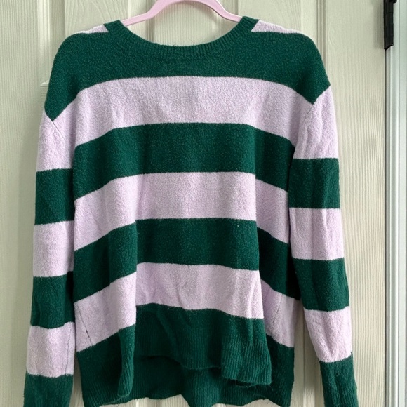 Halogen Sweaters - Green and Lavender Preppy Striped Sweater with Velvet Bow